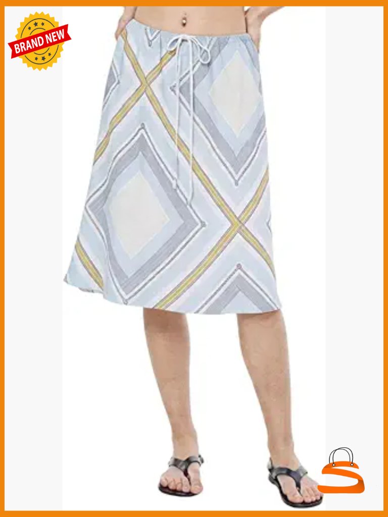 100% Linen A-Line Midi Skirt High Waist Drawstring Graphic Print Summer